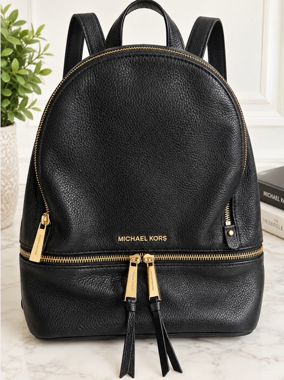 Michael Kors Black Pebbled Leather Backpack with Gold Hardware